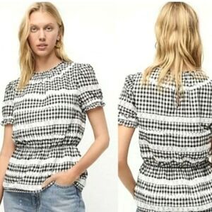 J CREW Daisy Chain Gingham Top Blouse Black Puff Sleeve Peplum S Cottagecore
